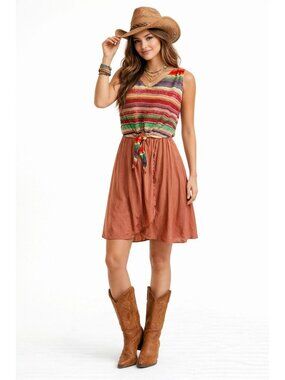 Anthropologie Blu Pepper Dress M Tie Up Multi Color Boho Festival Aztec Santa Fe